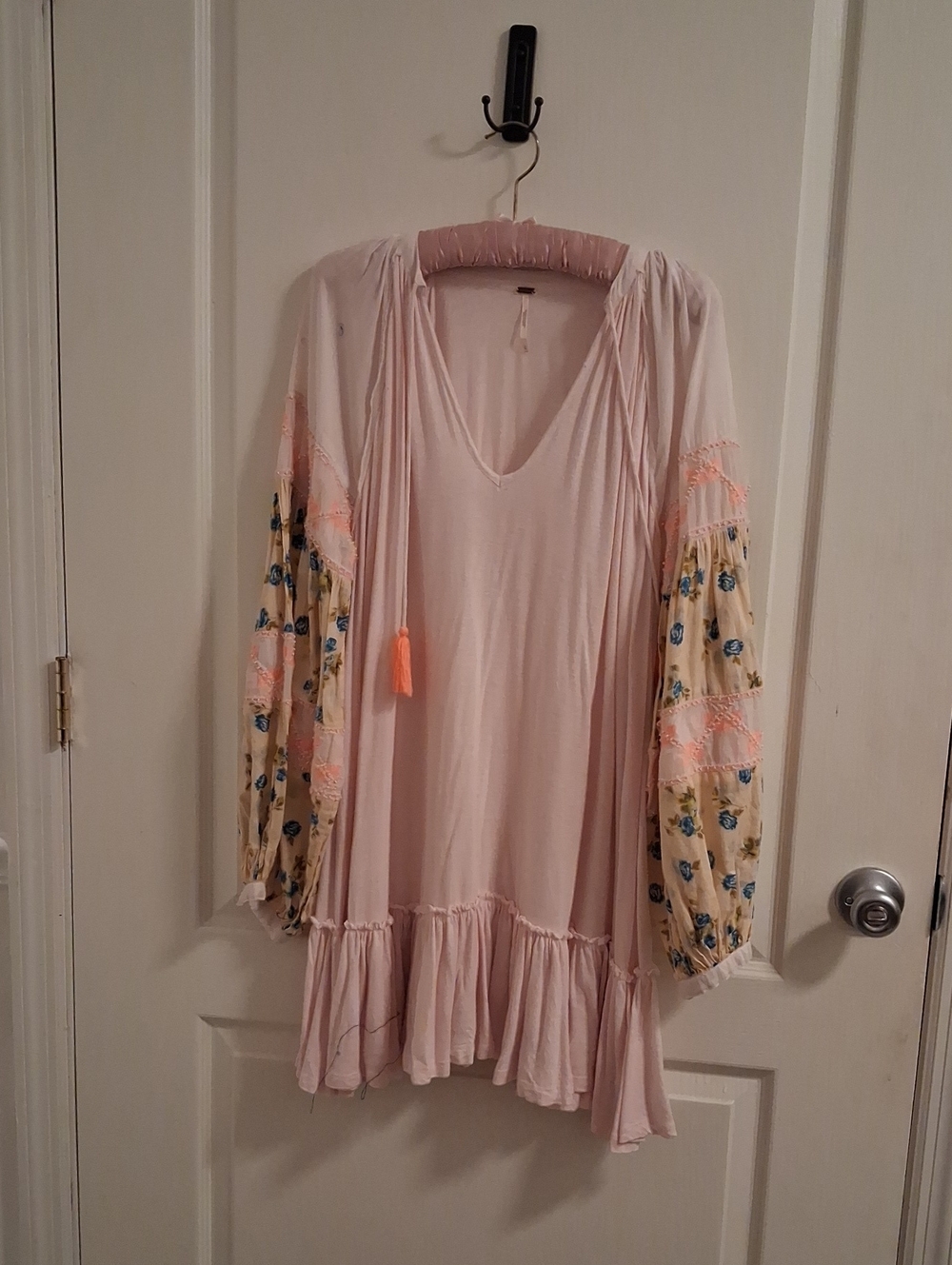 Free People Pink Tassel V-Neck Tunic with Floral Sleeves